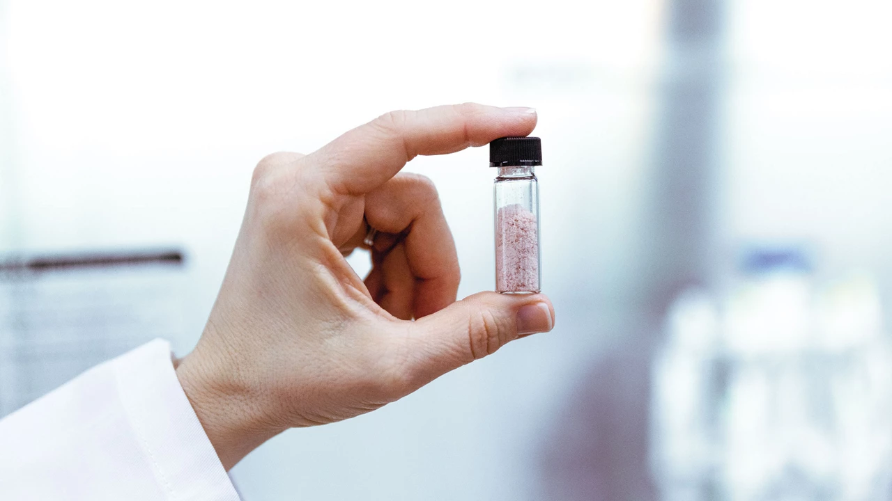 A close-up of a hand holding a vial of white powder between forefinger and thumb.